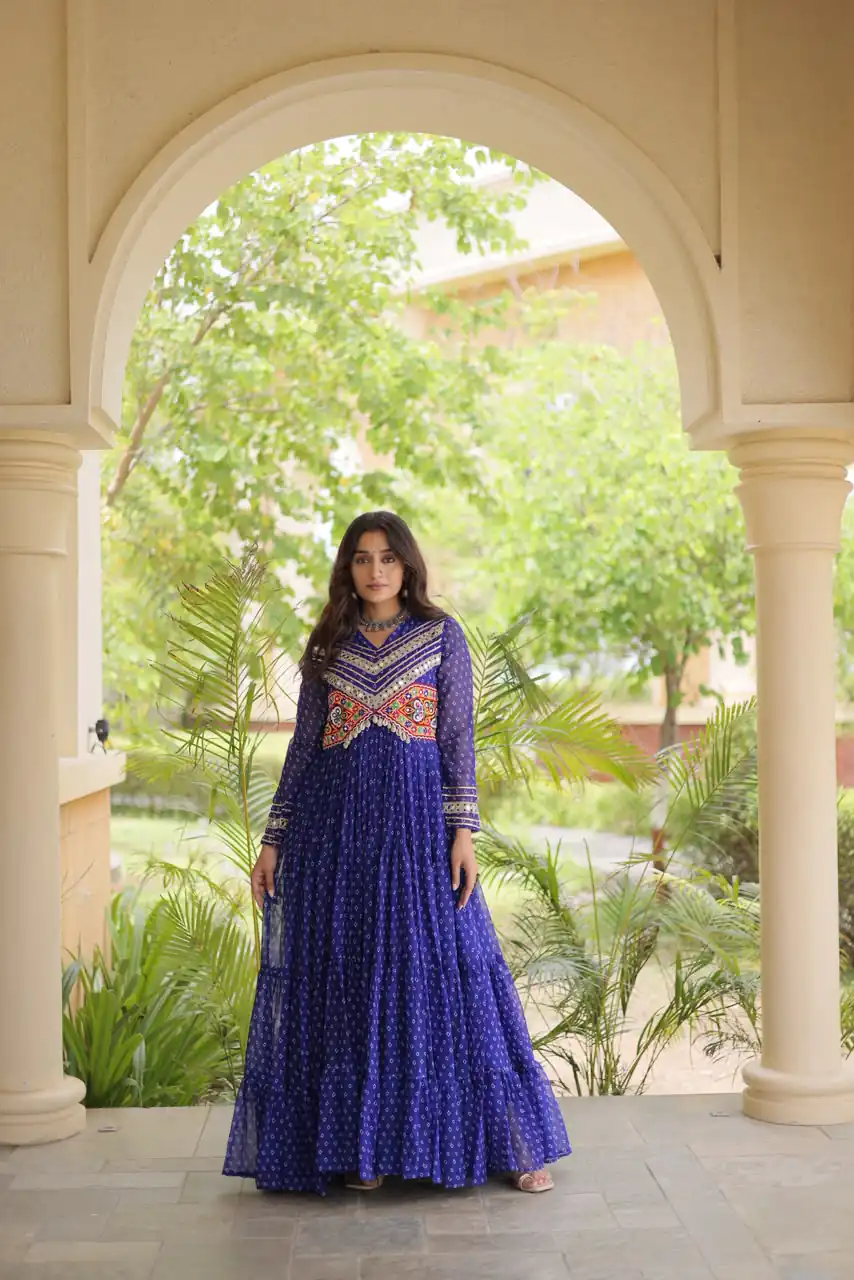 KA 1271 Royal Blue in Colour Faux Georgette Bandhani Print Work Gown. Available at ₹2069 only. Delivery 4-6 Working Days. Shop now. | Gowns, Bollywood Gowns, Creative Gowns, Designer Gowns, Embroidered Gowns, Party Wear Gowns