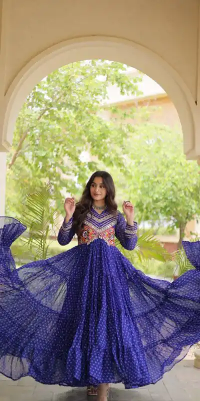 KA 1271 Royal Blue in Colour Faux Georgette Bandhani Print Work Gown. Available at ₹2069 only. Delivery 4-6 Working Days. Shop now. | Gowns, Bollywood Gowns, Creative Gowns, Designer Gowns, Embroidered Gowns, Party Wear Gowns