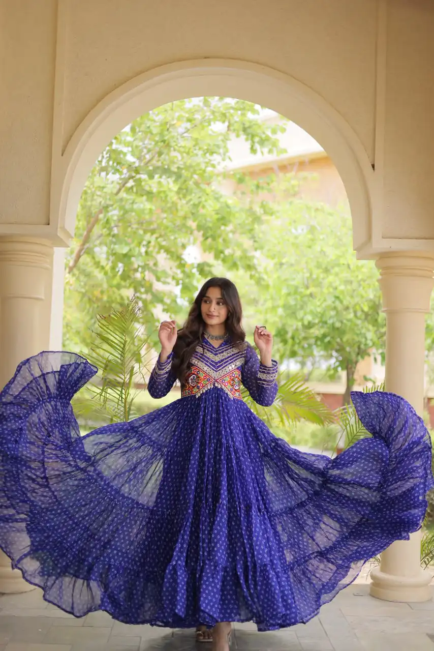 KA 1271 Royal Blue in Colour Faux Georgette Bandhani Print Work Gown. Available at ₹2069 only. Delivery 4-6 Working Days. Shop now. | Gowns, Bollywood Gowns, Creative Gowns, Designer Gowns, Embroidered Gowns, Party Wear Gowns