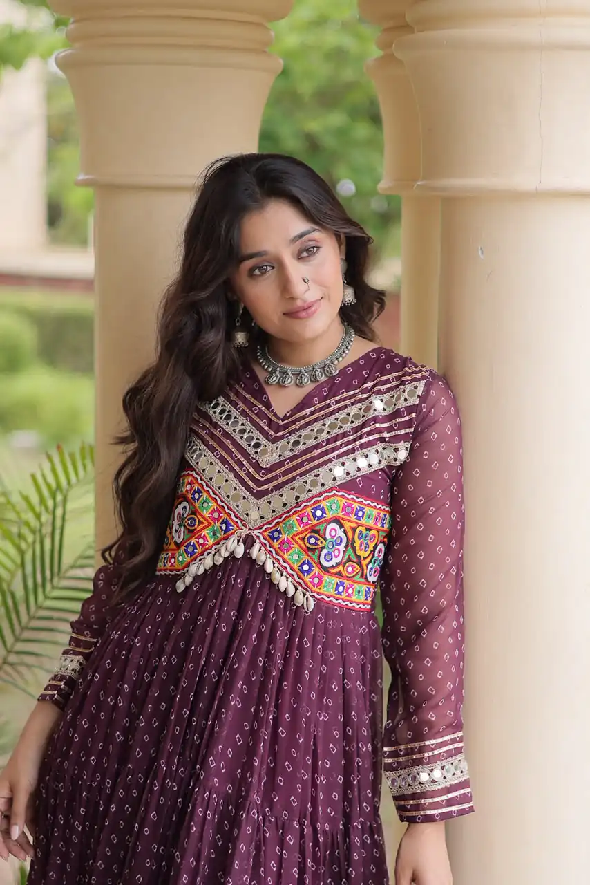 KA 1271 Wine in Colour Faux Georgette Bandhani Print Work Gown. Available at ₹2069 only. Delivery 4-6 Working Days. Shop now. | Gowns, Bollywood Gowns, Creative Gowns, Designer Gowns, Embroidered Gowns, Party Wear Gowns