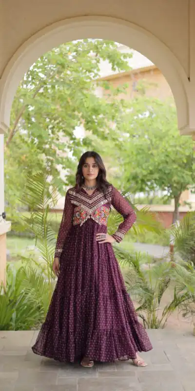 KA 1271 Wine in Colour Faux Georgette Bandhani Print Work Gown. Available at ₹2069 only. Delivery 4-6 Working Days. Shop now. | Gowns, Bollywood Gowns, Creative Gowns, Designer Gowns, Embroidered Gowns, Party Wear Gowns