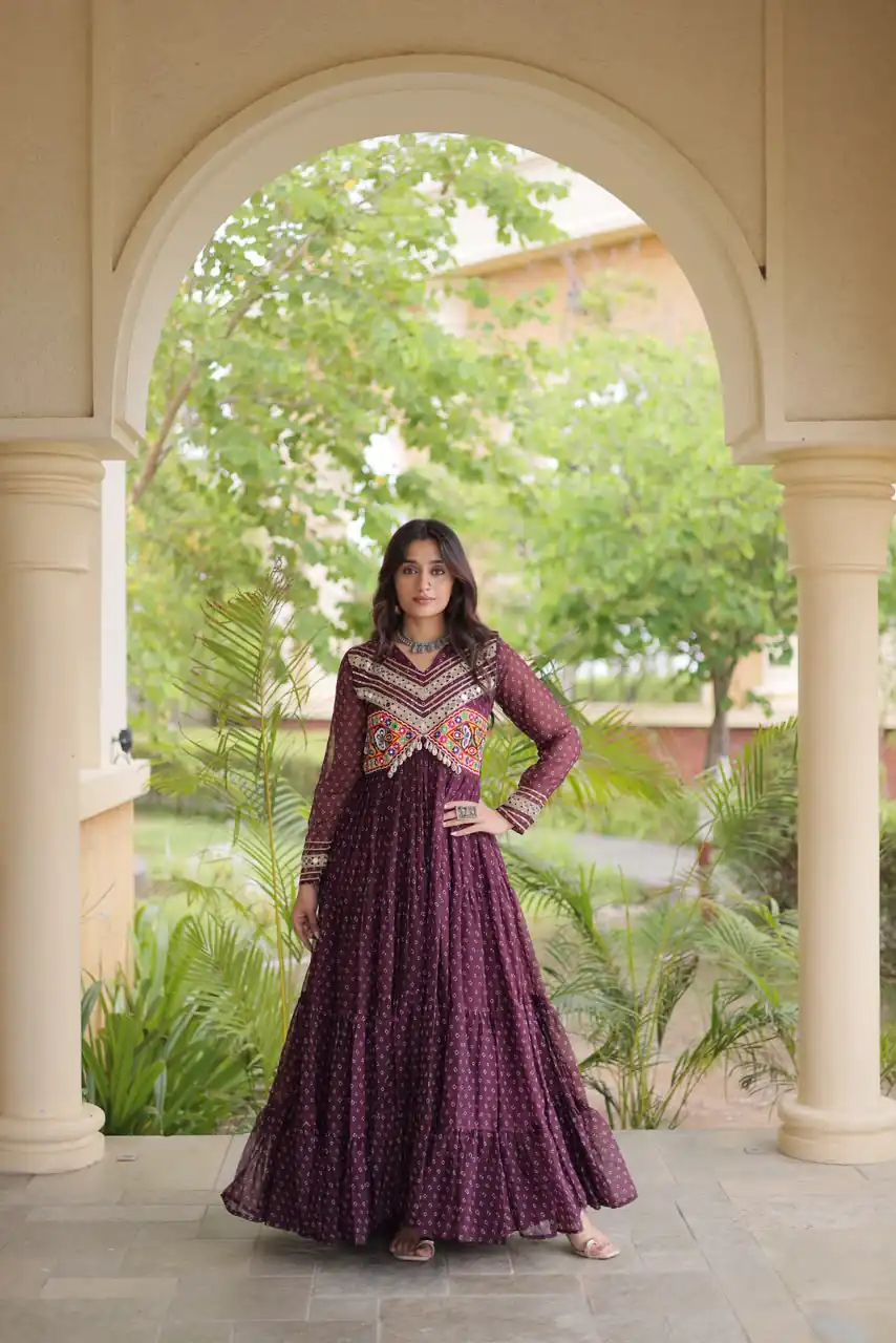 KA 1271 Wine in Colour Faux Georgette Bandhani Print Work Gown. Available at ₹2069 only. Delivery 4-6 Working Days. Shop now. | Gowns, Bollywood Gowns, Creative Gowns, Designer Gowns, Embroidered Gowns, Party Wear Gowns