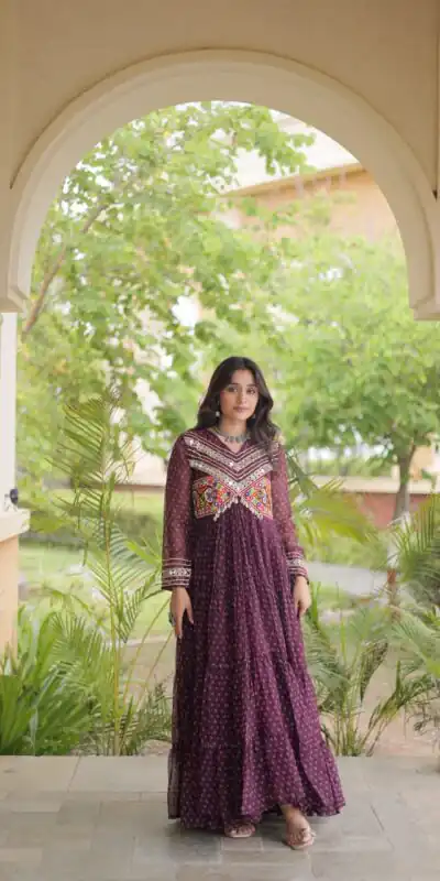 KA 1271 Wine in Colour Faux Georgette Bandhani Print Work Gown. Available at ₹2069 only. Delivery 4-6 Working Days. Shop now. | Gowns, Bollywood Gowns, Creative Gowns, Designer Gowns, Embroidered Gowns, Party Wear Gowns