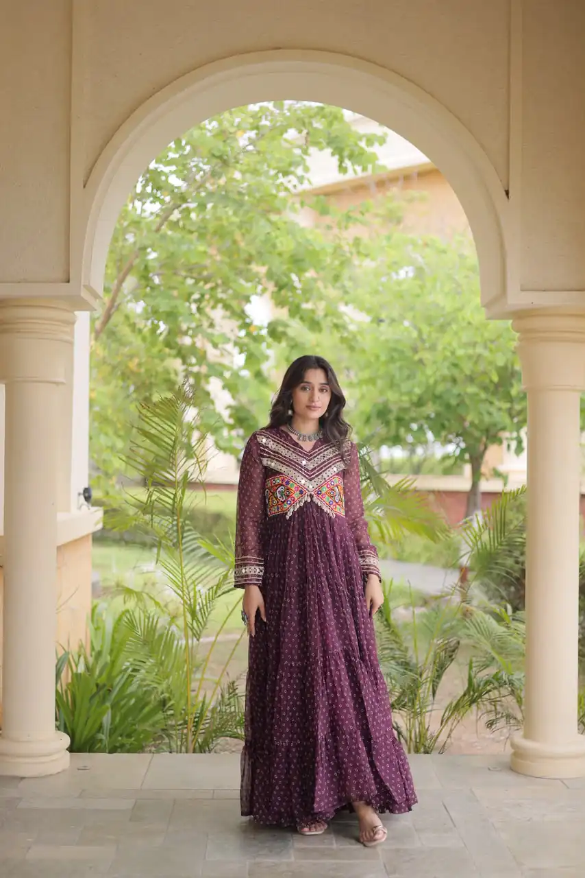 KA 1271 Wine in Colour Faux Georgette Bandhani Print Work Gown. Available at ₹2069 only. Delivery 4-6 Working Days. Shop now. | Gowns, Bollywood Gowns, Creative Gowns, Designer Gowns, Embroidered Gowns, Party Wear Gowns