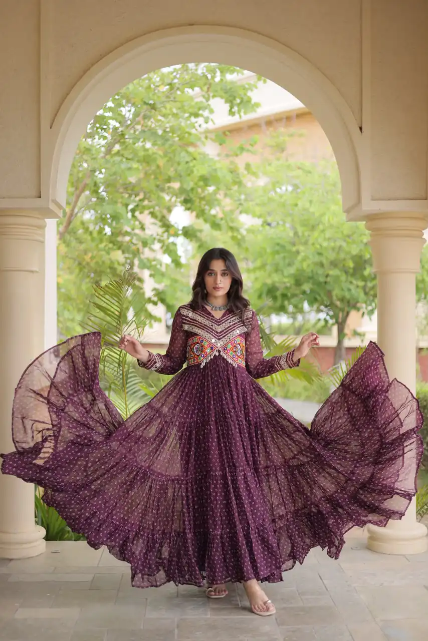 KA 1271 Wine in Colour Faux Georgette Bandhani Print Work Gown. Available at ₹2069 only. Delivery 4-6 Working Days. Shop now. | Gowns, Bollywood Gowns, Creative Gowns, Designer Gowns, Embroidered Gowns, Party Wear Gowns