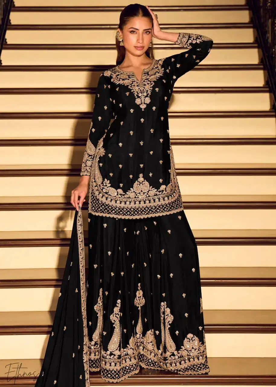 ZB 5067 Black Chinon Silk Salwar Suit Perfect for Wedding, Party, Ganesh Chaturthi, Baby Shower, Makar Sankranti – . Affordable Price ₹2399. /- | Jump Suits, Salwar suit, Casual Suits, Creative suits, Designer Suits, Palazzo Suits, Party Wear Suits, Patiala Suits, Straight Suits