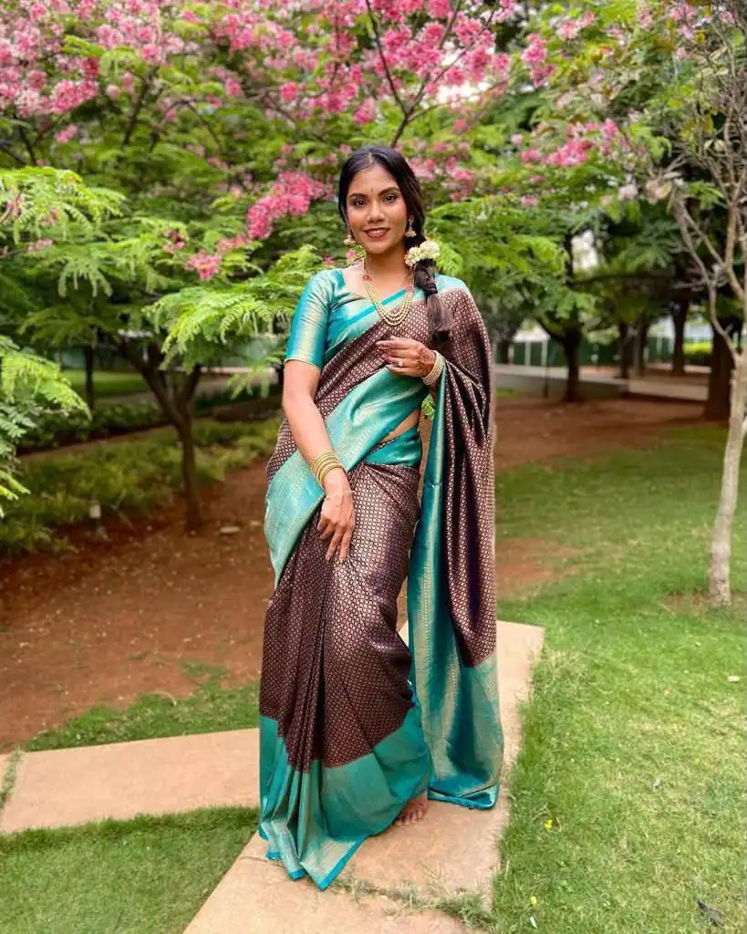 KP 4039 Brown Soft Lichi Silk Cloth Saree Perfect for Wedding, Party, Family Gatherings, Sangeet, Festive Deal ₹1599. Delivery 4-6 Working Days | Sarees, Bollywood Sarees, Creative Sarees, Designer Sarees, Embroidered Sarees, Ethnic Saree, Modern Digital sarees, Party Wear Sarees