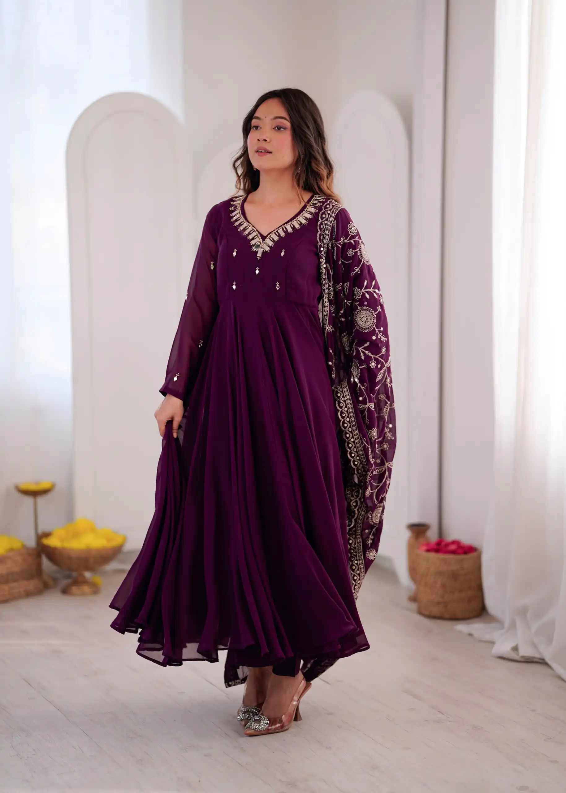 ZF 5025 Wine Faux Georgette Gown Perfect for Wedding, Party, Raksha Bandhan, Temple Visit, Onam – . Get it for ₹2149. Delivery 4-6 Working Days. Shop now | Gowns, Bollywood Gowns, Creative Gowns, Designer Gowns, Embroidered Gowns, Party Wear Gowns