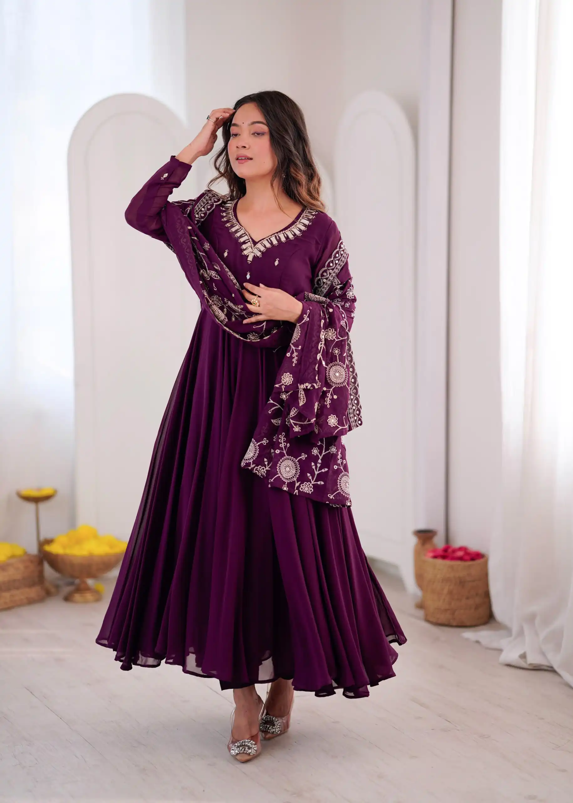 ZF 5025 Wine Faux Georgette Gown Perfect for Wedding, Party, Raksha Bandhan, Temple Visit, Onam – . Get it for ₹2149. Delivery 4-6 Working Days. Shop now | Gowns, Bollywood Gowns, Creative Gowns, Designer Gowns, Embroidered Gowns, Party Wear Gowns