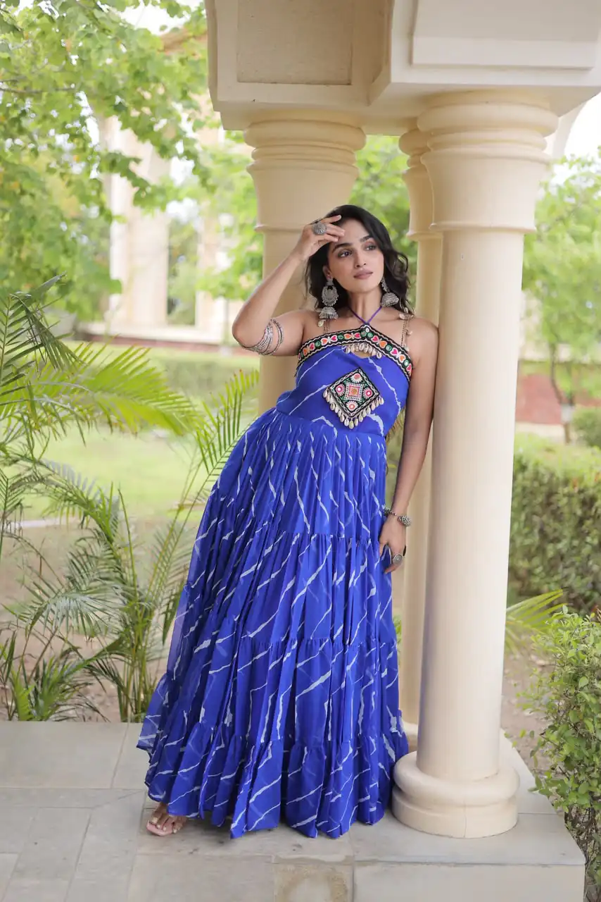 KA 1270 Blue in Colour Faux Georgette Bandhani Print Work Gown. Available at ₹2019 only. Delivery 4-6 Working Days. Shop now. | Gowns, Bollywood Gowns, Creative Gowns, Designer Gowns, Embroidered Gowns, Party Wear Gowns