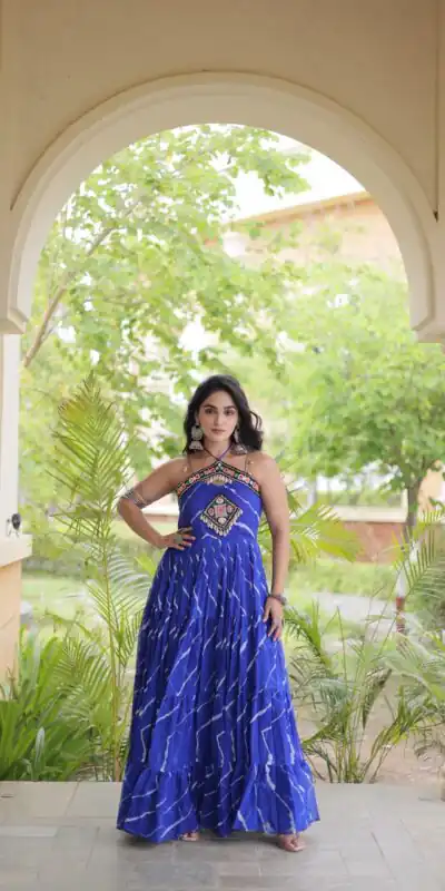 KA 1270 Blue in Colour Faux Georgette Bandhani Print Work Gown. Available at ₹2019 only. Delivery 4-6 Working Days. Shop now. | Gowns, Bollywood Gowns, Creative Gowns, Designer Gowns, Embroidered Gowns, Party Wear Gowns