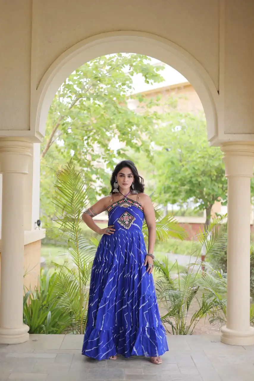 KA 1270 Blue in Colour Faux Georgette Bandhani Print Work Gown. Available at ₹2019 only. Delivery 4-6 Working Days. Shop now. | Gowns, Bollywood Gowns, Creative Gowns, Designer Gowns, Embroidered Gowns, Party Wear Gowns