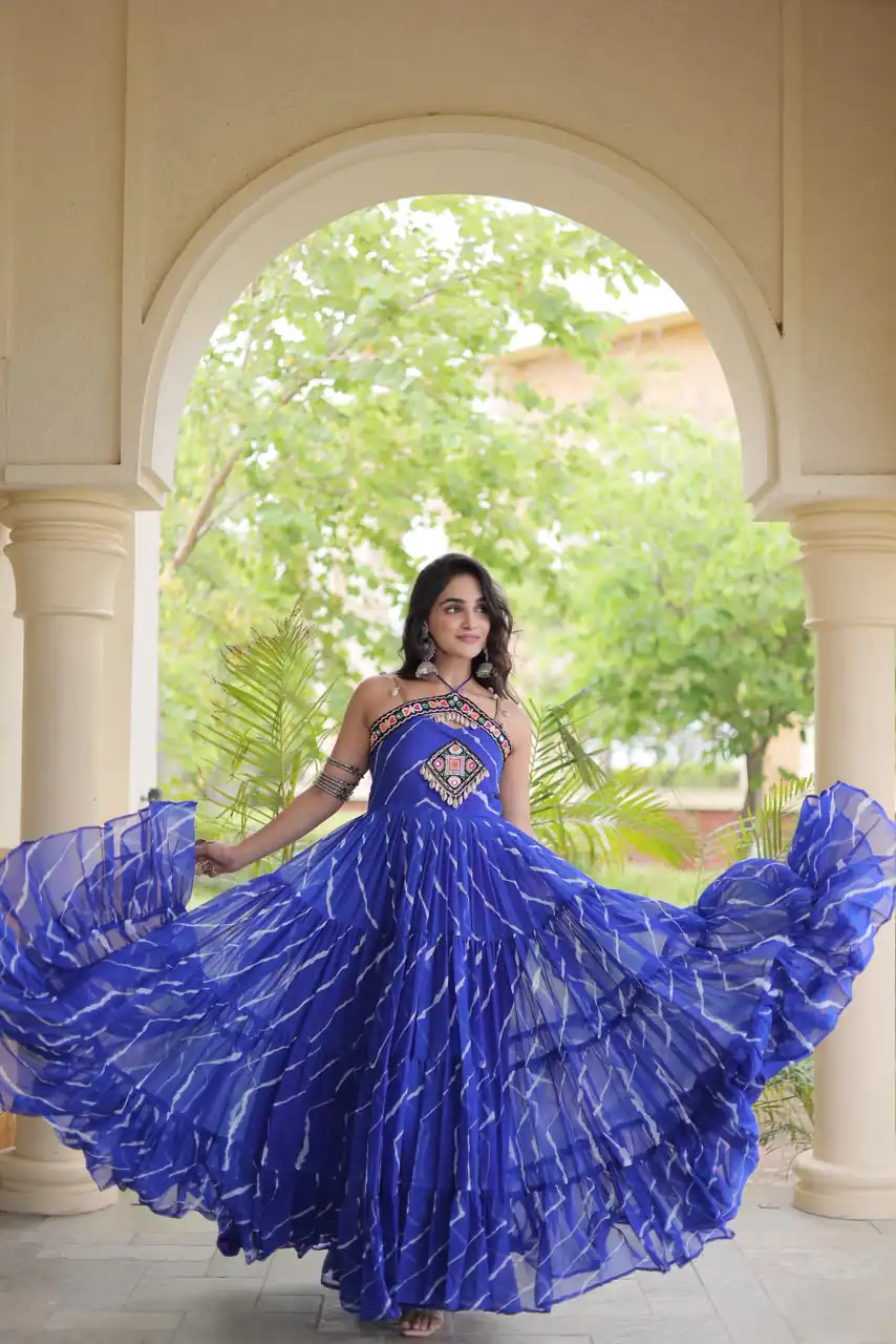 KA 1270 Blue in Colour Faux Georgette Bandhani Print Work Gown. Available at ₹2019 only. Delivery 4-6 Working Days. Shop now. | Gowns, Bollywood Gowns, Creative Gowns, Designer Gowns, Embroidered Gowns, Party Wear Gowns