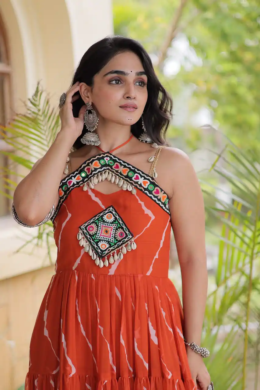 KA 1270 Orange in Colour Faux Georgette Bandhani Print Work Gown. Available at ₹2019 only. Delivery 4-6 Working Days. Shop now. | Gowns, Bollywood Gowns, Creative Gowns, Designer Gowns, Embroidered Gowns, Party Wear Gowns