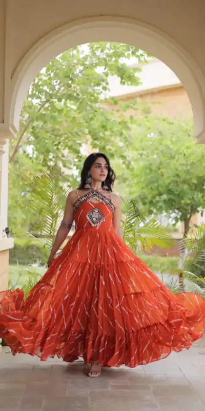 KA 1270 Orange in Colour Faux Georgette Bandhani Print Work Gown. Available at ₹2019 only. Delivery 4-6 Working Days. Shop now. | Gowns, Bollywood Gowns, Creative Gowns, Designer Gowns, Embroidered Gowns, Party Wear Gowns