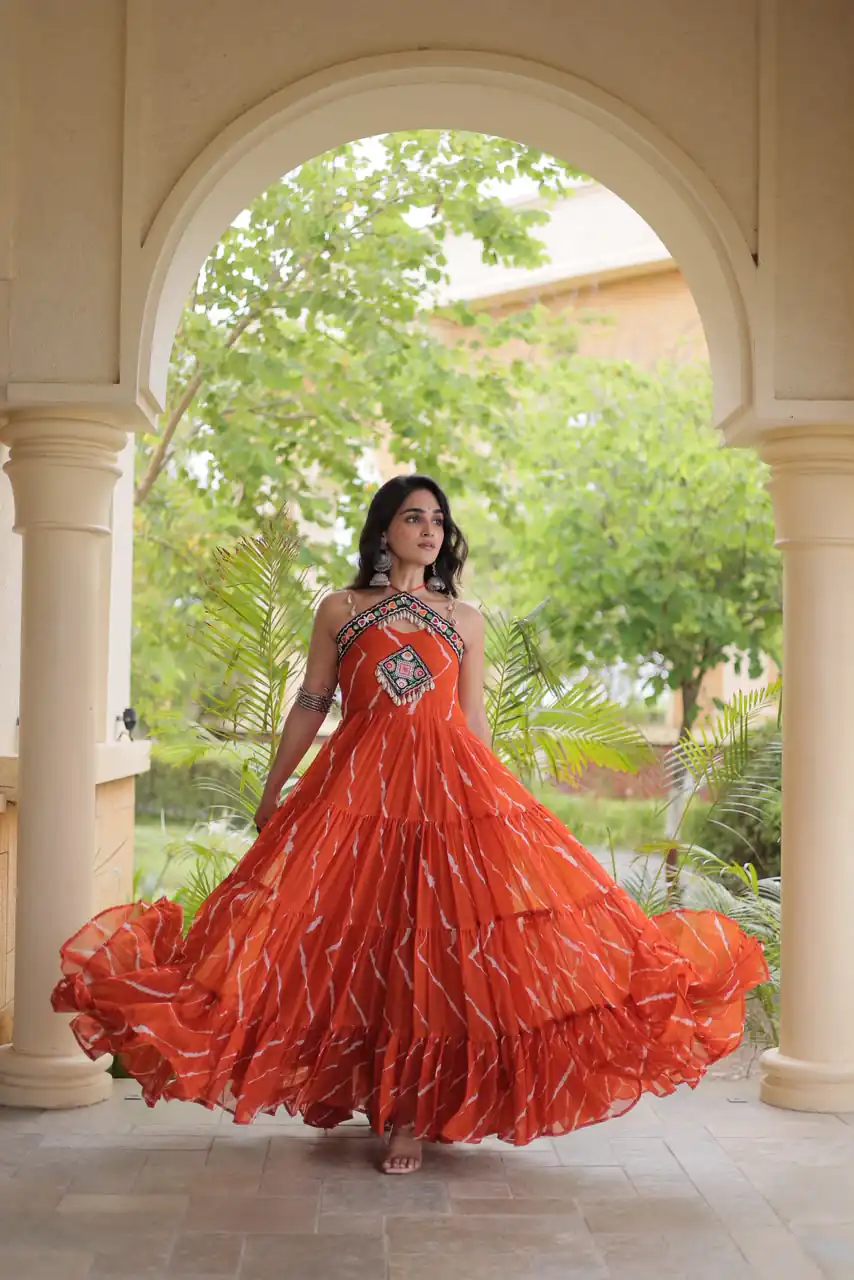 KA 1270 Orange in Colour Faux Georgette Bandhani Print Work Gown. Available at ₹2019 only. Delivery 4-6 Working Days. Shop now. | Gowns, Bollywood Gowns, Creative Gowns, Designer Gowns, Embroidered Gowns, Party Wear Gowns