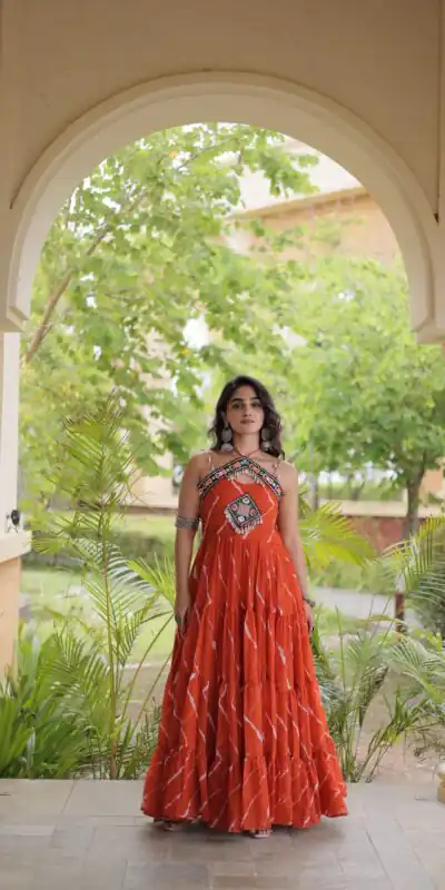 KA 1270 Orange in Colour Faux Georgette Bandhani Print Work Gown. Available at ₹2019 only. Delivery 4-6 Working Days. Shop now. | Gowns, Bollywood Gowns, Creative Gowns, Designer Gowns, Embroidered Gowns, Party Wear Gowns