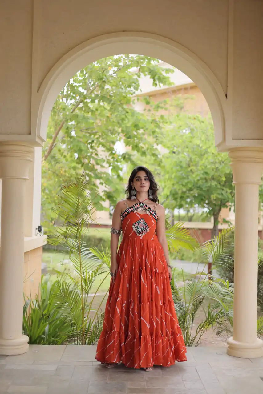 KA 1270 Orange in Colour Faux Georgette Bandhani Print Work Gown. Available at ₹2019 only. Delivery 4-6 Working Days. Shop now. | Gowns, Bollywood Gowns, Creative Gowns, Designer Gowns, Embroidered Gowns, Party Wear Gowns