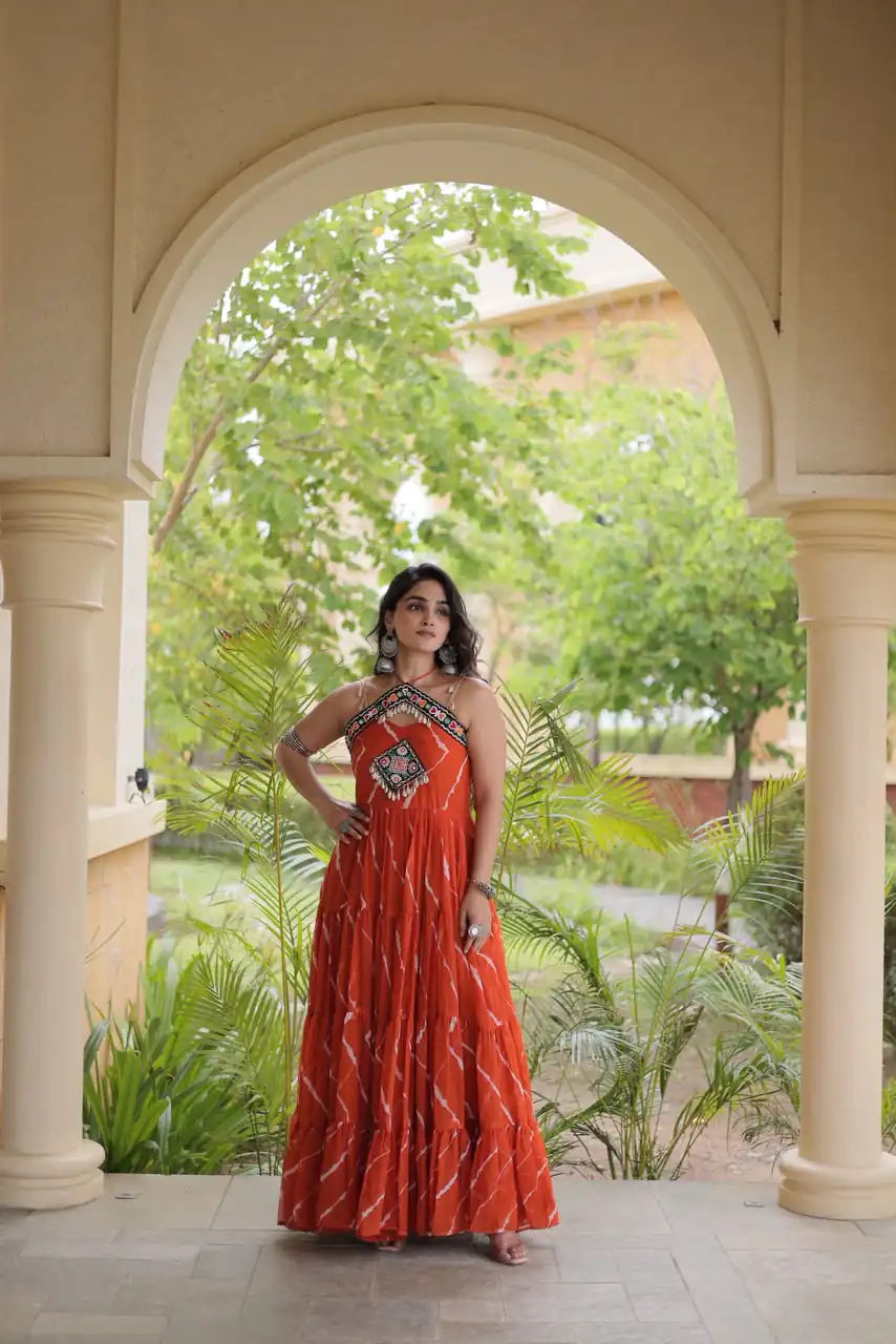 KA 1270 Orange in Colour Faux Georgette Bandhani Print Work Gown. Available at ₹2019 only. Delivery 4-6 Working Days. Shop now. | Gowns, Bollywood Gowns, Creative Gowns, Designer Gowns, Embroidered Gowns, Party Wear Gowns