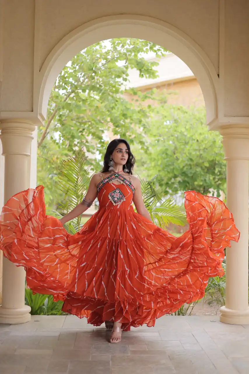 KA 1270 Orange in Colour Faux Georgette Bandhani Print Work Gown. Available at ₹2019 only. Delivery 4-6 Working Days. Shop now. | Gowns, Bollywood Gowns, Creative Gowns, Designer Gowns, Embroidered Gowns, Party Wear Gowns