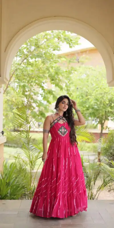 KA 1270 Pink in Colour Faux Georgette Bandhani Print Work Gown. Available at ₹2019 only. Delivery 4-6 Working Days. Shop now. | Gowns, Bollywood Gowns, Creative Gowns, Designer Gowns, Embroidered Gowns, Party Wear Gowns