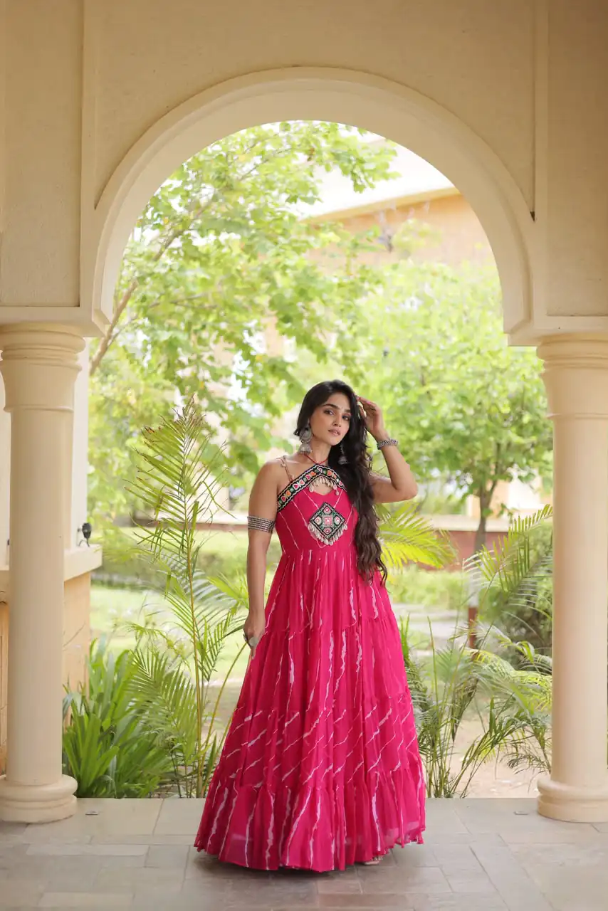 KA 1270 Pink in Colour Faux Georgette Bandhani Print Work Gown. Available at ₹2019 only. Delivery 4-6 Working Days. Shop now. | Gowns, Bollywood Gowns, Creative Gowns, Designer Gowns, Embroidered Gowns, Party Wear Gowns