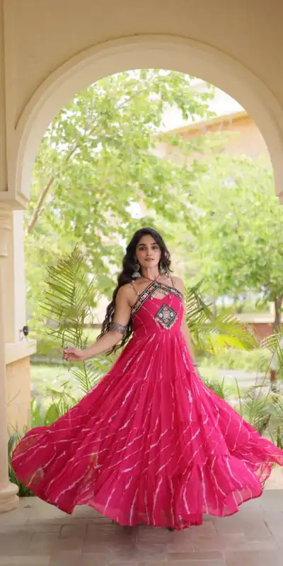KA 1270 Pink in Colour Faux Georgette Bandhani Print Work Gown. Available at ₹2019 only. Delivery 4-6 Working Days. Shop now. | Gowns, Bollywood Gowns, Creative Gowns, Designer Gowns, Embroidered Gowns, Party Wear Gowns