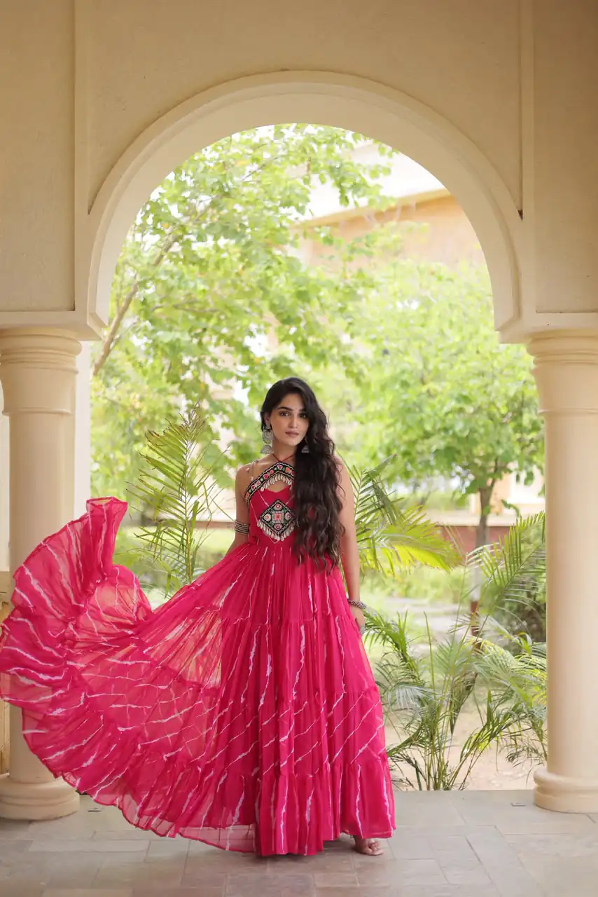 KA 1270 Pink in Colour Faux Georgette Bandhani Print Work Gown. Available at ₹2019 only. Delivery 4-6 Working Days. Shop now. | Gowns, Bollywood Gowns, Creative Gowns, Designer Gowns, Embroidered Gowns, Party Wear Gowns