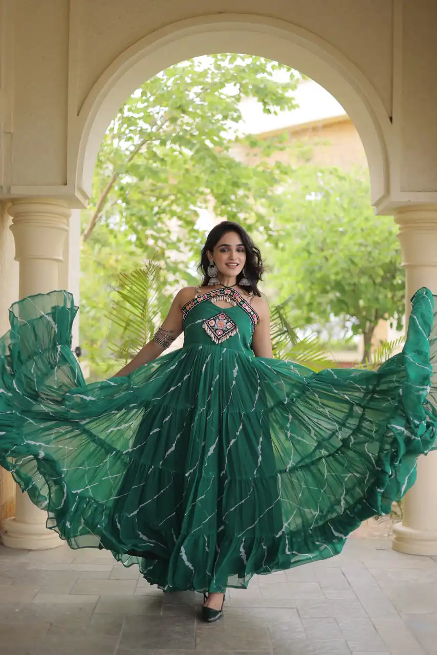 KA 1270 Teal in Colour Faux Georgette Bandhani Print Work Gown. Available at ₹2019 only. Delivery 4-6 Working Days. Shop now. | Gowns, Bollywood Gowns, Creative Gowns, Designer Gowns, Embroidered Gowns, Party Wear Gowns