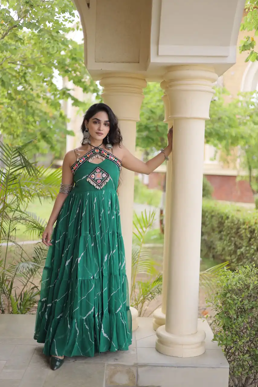 KA 1270 Teal in Colour Faux Georgette Bandhani Print Work Gown. Available at ₹2019 only. Delivery 4-6 Working Days. Shop now. | Gowns, Bollywood Gowns, Creative Gowns, Designer Gowns, Embroidered Gowns, Party Wear Gowns