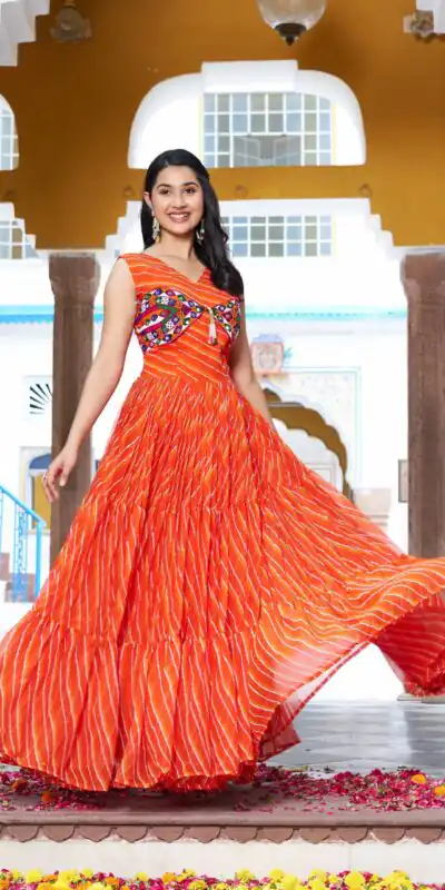 Ram 112 Orange in Colour Faux Georgette Bandhani Print Work Gown. Available at ₹1949 only. Delivery 4-6 Working Days. Shop now. | Gowns, Bollywood Gowns, Creative Gowns, Designer Gowns, Embroidered Gowns, Party Wear Gowns