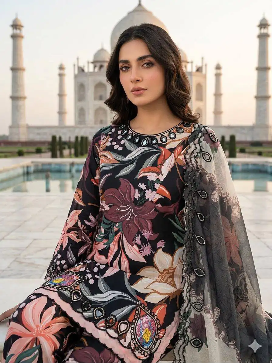LG 2094 Black Perfect for Wedding, Party, Ganesh Chaturthi, Cultural Events, Durga Puja – Printed Muslin Salwar Suit. Now at just ₹2299. Delivery 4-6 Worki | Jump Suits, Salwar suit, Casual Suits, Creative suits, Designer Suits, Palazzo Suits, Party Wear Suits, Patiala Suits, Straight Suits