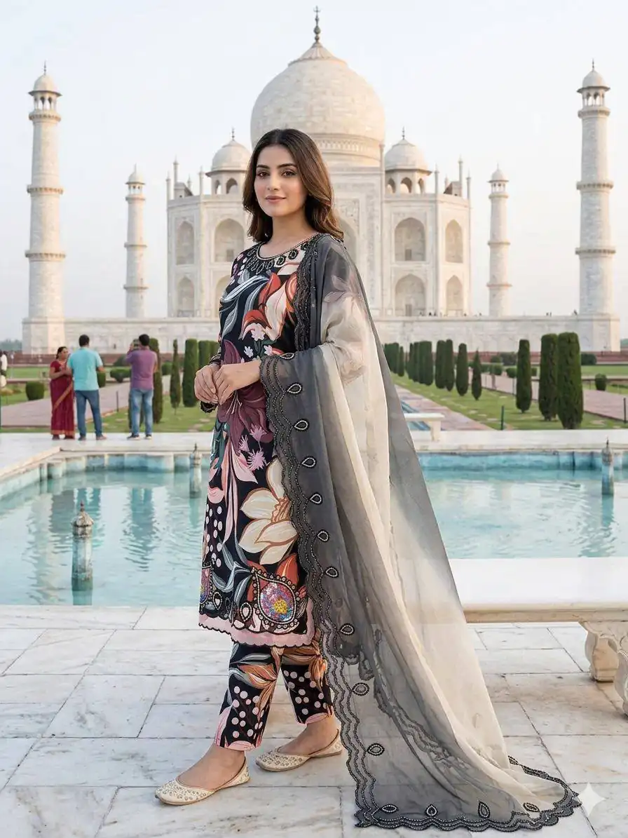 LG 2094 Black Perfect for Wedding, Party, Ganesh Chaturthi, Cultural Events, Durga Puja – Printed Muslin Salwar Suit. Now at just ₹2299. Delivery 4-6 Worki | Jump Suits, Salwar suit, Casual Suits, Creative suits, Designer Suits, Palazzo Suits, Party Wear Suits, Patiala Suits, Straight Suits