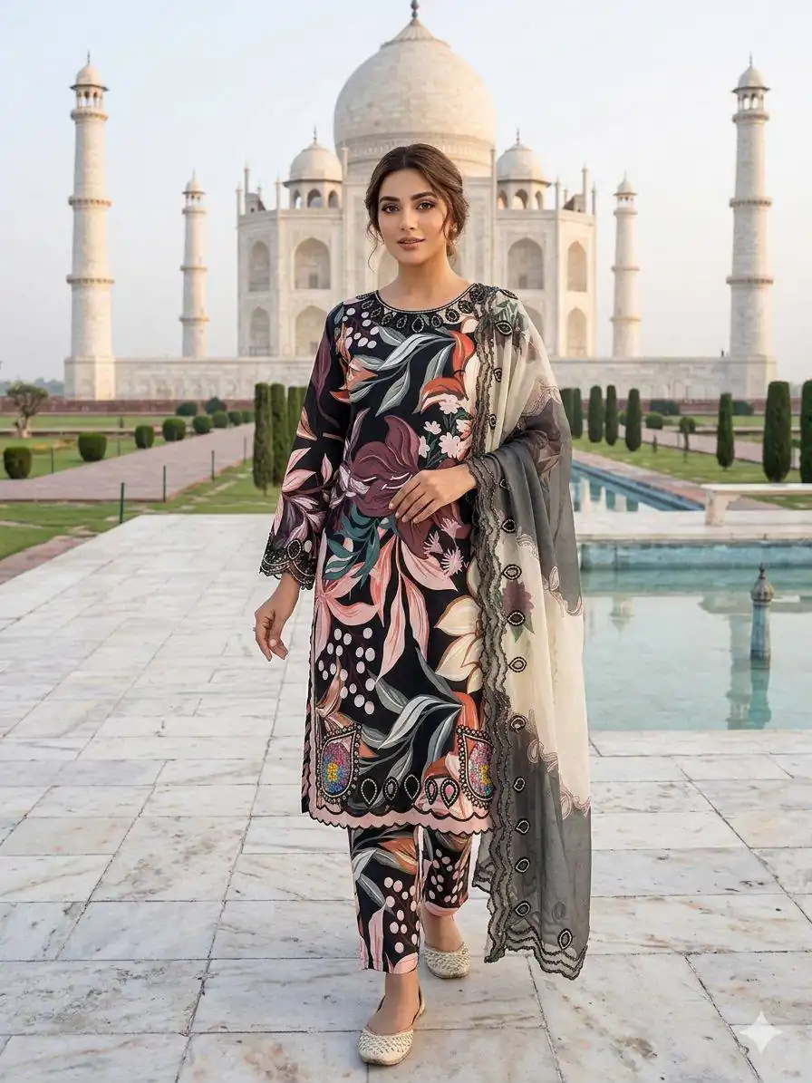 LG 2094 Black Perfect for Wedding, Party, Ganesh Chaturthi, Cultural Events, Durga Puja – Printed Muslin Salwar Suit. Now at just ₹2299. Delivery 4-6 Worki | Jump Suits, Salwar suit, Casual Suits, Creative suits, Designer Suits, Palazzo Suits, Party Wear Suits, Patiala Suits, Straight Suits