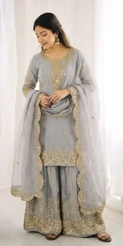 ZSR 3167 Grey Fendy Silk Salwar Suitwith Embroidery Work & Lace Work. Now at just ₹2149. Delivery 4-6 Working Days. Shop now. | Jump Suits, Salwar suit, Casual Suits, Creative suits, Designer Suits, Palazzo Suits, Party Wear Suits, Patiala Suits, Straight Suits