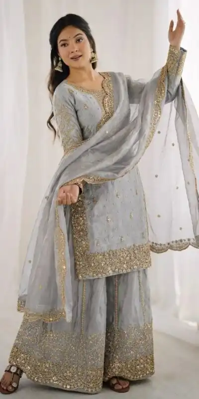 ZSR 3167 Grey Fendy Silk Salwar Suitwith Embroidery Work & Lace Work. Now at just ₹2149. Delivery 4-6 Working Days. Shop now. | Jump Suits, Salwar suit, Casual Suits, Creative suits, Designer Suits, Palazzo Suits, Party Wear Suits, Patiala Suits, Straight Suits