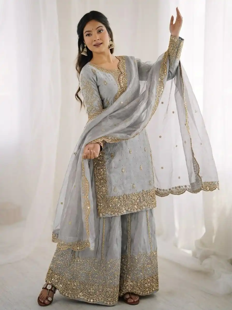 ZSR 3167 Grey Fendy Silk Salwar Suitwith Embroidery Work & Lace Work. Now at just ₹2149. Delivery 4-6 Working Days. Shop now. | Jump Suits, Salwar suit, Casual Suits, Creative suits, Designer Suits, Palazzo Suits, Party Wear Suits, Patiala Suits, Straight Suits
