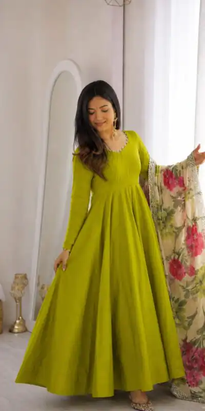 ZD 10024 Mahendi Roman Silk Chanderi Anarkali Suit with Thread Embroidery & Embroidery Work. Special Price ₹2399. Delivery 4-6 Working Days. Shop now. | Anarkali Suits, Bollywood Anarkali, Creative-Anarkali, Designer Anarkali, Embroidered Anarkali, Party Wear Anarkali