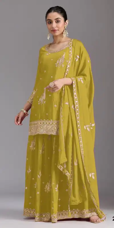 FC 2120 Mustered Color chinon Print Silk with Dall Crepe Sharara Suit Wedding, Party, Festive, Events Etc.  Expected Delivery 4-6 Working Days @2399/- | Jump Suits, Salwar suit, Casual Suits, Creative suits, Designer Suits, Palazzo Suits, Party Wear Suits, Patiala Suits, Straight Suits
