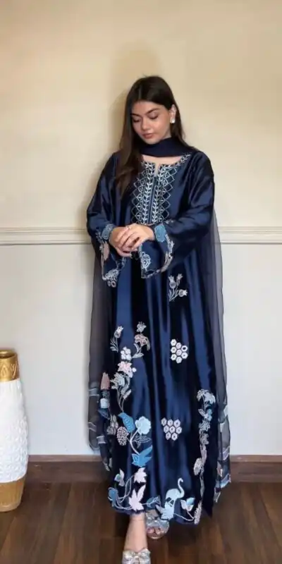 RTC 6053 Navy Blue Jura Silk Salwar Suit with Embroidery Work & Thread Embroidery. Grab it for ₹2399. Delivery 4-6 Working Days. Shop now. | Jump Suits, Salwar suit, Casual Suits, Creative suits, Designer Suits, Palazzo Suits, Party Wear Suits, Patiala Suits, Straight Suits