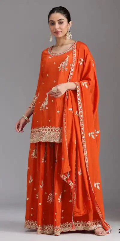 FC 2120 Orange Color chinon Print Silk with Dall Crepe Sharara Suit Wedding, Party, Festive, Events Etc.  Expected Delivery 4-6 Working Days @2399/- | Jump Suits, Salwar suit, Casual Suits, Creative suits, Designer Suits, Palazzo Suits, Party Wear Suits, Patiala Suits, Straight Suits