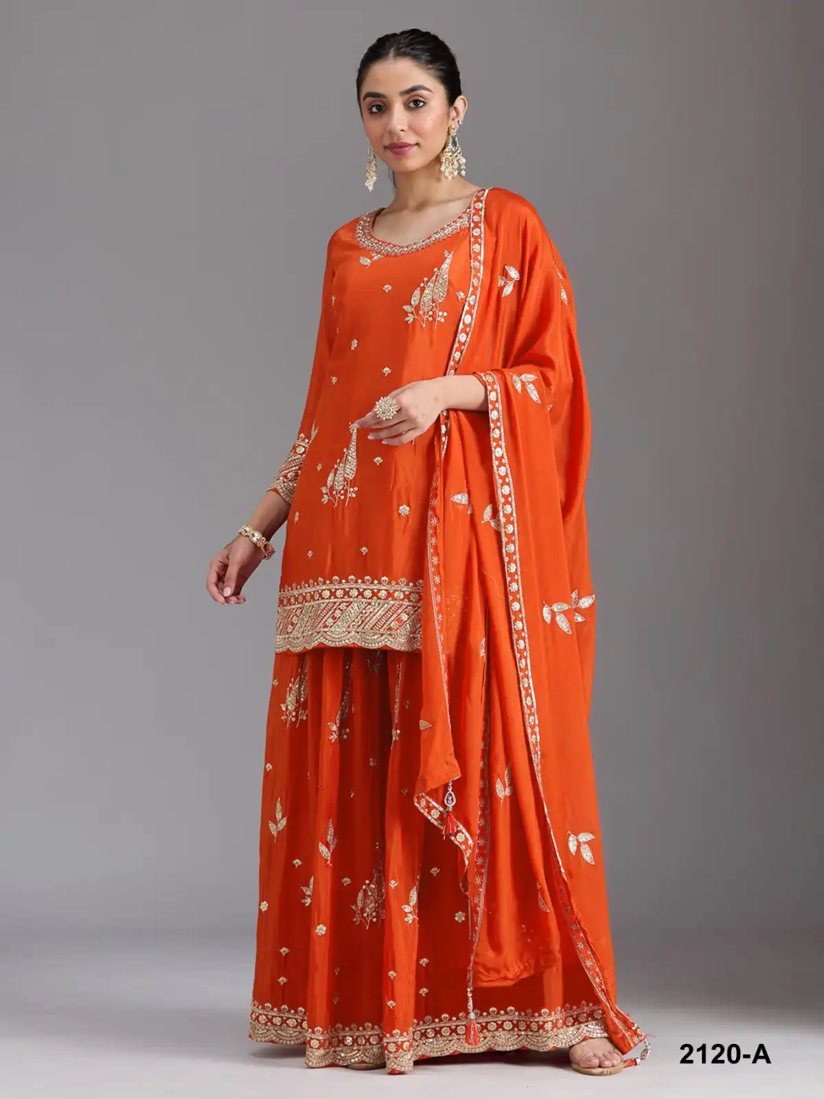 FC 2120 Orange Color chinon Print Silk with Dall Crepe Sharara Suit Wedding, Party, Festive, Events Etc.  Expected Delivery 4-6 Working Days @2399/- | Jump Suits, Salwar suit, Casual Suits, Creative suits, Designer Suits, Palazzo Suits, Party Wear Suits, Patiala Suits, Straight Suits