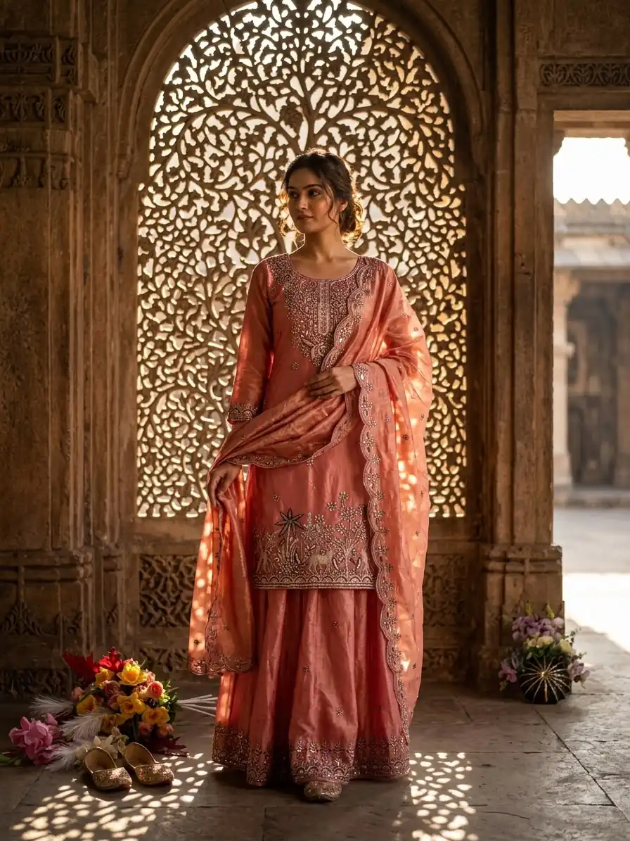 WW 1280 Peach Fendy Silk Salwar Suitwith Embroidery Work & Lace Work. Now at just ₹2449. Delivery 4-6 Working Days. Shop now. | Jump Suits, Salwar suit, Casual Suits, Creative suits, Designer Suits, Palazzo Suits, Party Wear Suits, Patiala Suits, Straight Suits