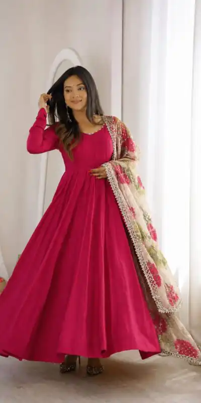 ZD 10024 Pink Roman Silk Chanderi Anarkali Suit with Thread Embroidery & Embroidery Work. Special Price ₹2399. Delivery 4-6 Working Days. Shop now. | Anarkali Suits, Bollywood Anarkali, Creative-Anarkali, Designer Anarkali, Embroidered Anarkali, Party Wear Anarkali