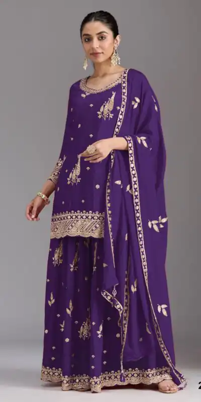 FC 2120 Purple Color chinon Print Silk with Dall Crepe Sharara Suit Wedding, Party, Festive, Events Etc.  Expected Delivery 4-6 Working Days @2399/- | Jump Suits, Salwar suit, Casual Suits, Creative suits, Designer Suits, Palazzo Suits, Party Wear Suits, Patiala Suits, Straight Suits