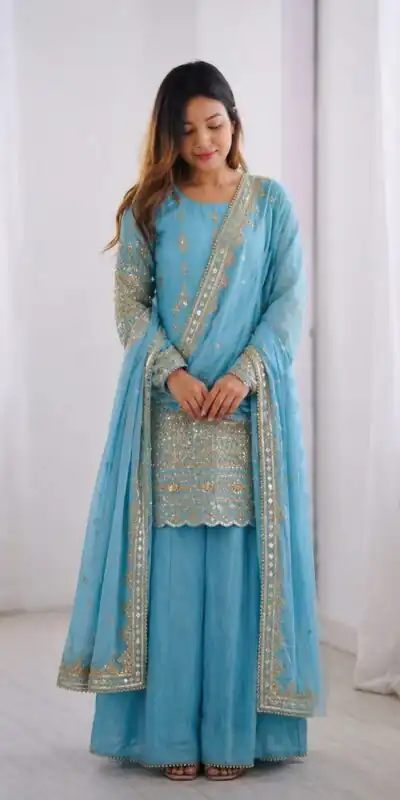 ZF 430 Sky Blue Vichitra Silk Salwar Suit with Embroidery Work. Wedding, Party, Festive, Events, Grab it for ₹2399. Delivery 4-6 Working Days. Shop now. | Jump Suits, Salwar suit, Casual Suits, Creative suits, Designer Suits, Palazzo Suits, Party Wear Suits, Patiala Suits, Straight Suits