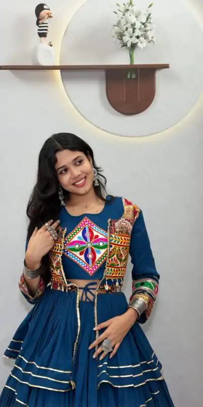 Ram 120 Teal in Pure Cotton Mirror Work & Gamthi Work Lehenga Choli . Exclusive Offer ₹3049. Delivery 4-6 Working Days. Shop now. | Lehenga, Bollywood Lehenga, Creative Lehenga, Designer Lehenga, Embroidered Lehenga, Party Wear Lehenga