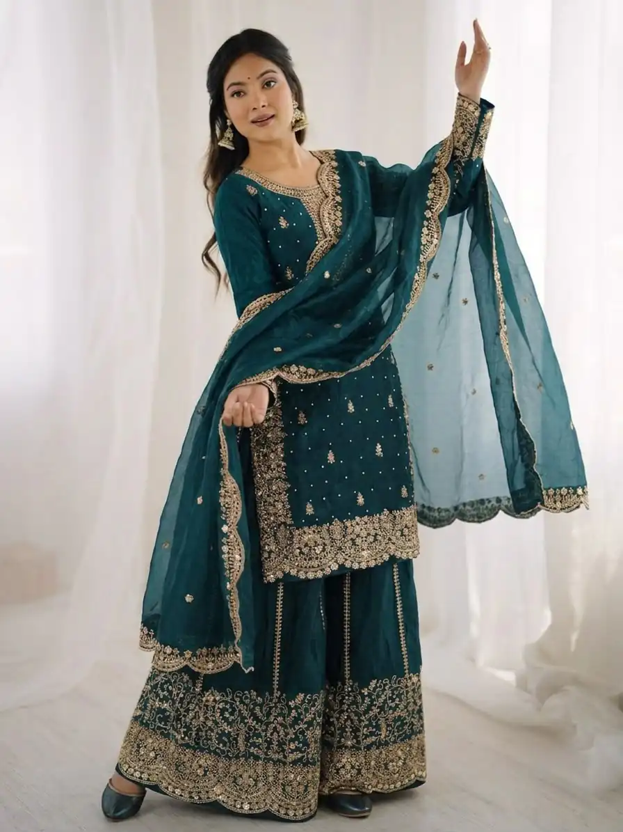 ZSR 3167 Teal Fendy Silk Salwar Suitwith Embroidery Work & Lace Work. Now at just ₹2149. Delivery 4-6 Working Days. Shop now. | Jump Suits, Salwar suit, Casual Suits, Creative suits, Designer Suits, Palazzo Suits, Party Wear Suits, Patiala Suits, Straight Suits