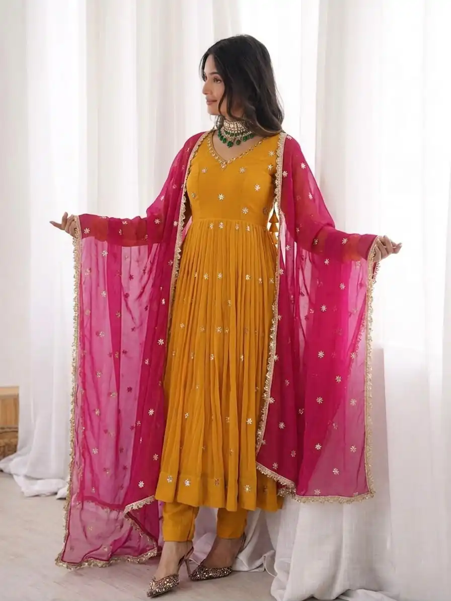 SRK 5313 Yellow in Faux Georgette Embroidery Work Salwar Suit . Available at ₹2099 only. Delivery 4-6 Working Days. Shop now. | Jump Suits, Salwar suit, Casual Suits, Creative suits, Designer Suits, Palazzo Suits, Party Wear Suits, Patiala Suits, Straight Suits