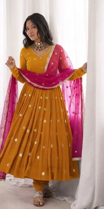 SRK 5313 Yellow in Faux Georgette Embroidery Work Salwar Suit . Available at ₹2099 only. Delivery 4-6 Working Days. Shop now. | Jump Suits, Salwar suit, Casual Suits, Creative suits, Designer Suits, Palazzo Suits, Party Wear Suits, Patiala Suits, Straight Suits